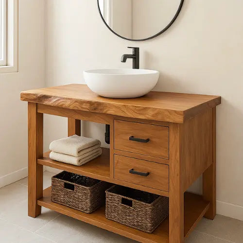 Handcrafted Solid Wood Bathroom Vanity – Live Edge with Drawers & Open Shelf Lynnsnail