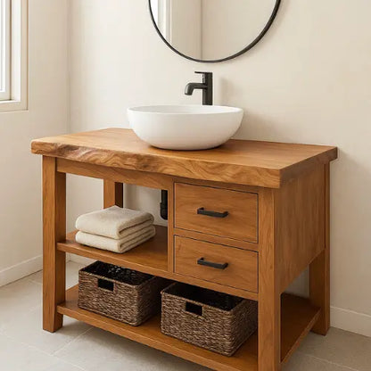 Handcrafted Solid Wood Bathroom Vanity – Live Edge with Drawers & Open Shelf Lynnsnail