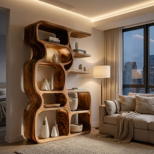 Minimalist Artistic Natural Wood Bookshelf For Living Room Lynnsnail