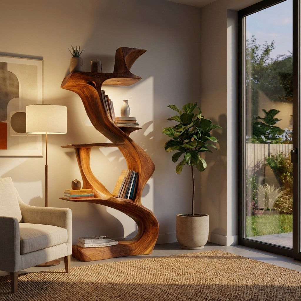Sculptural Natural Wood Bookshelf For Living Room Lynnsnail