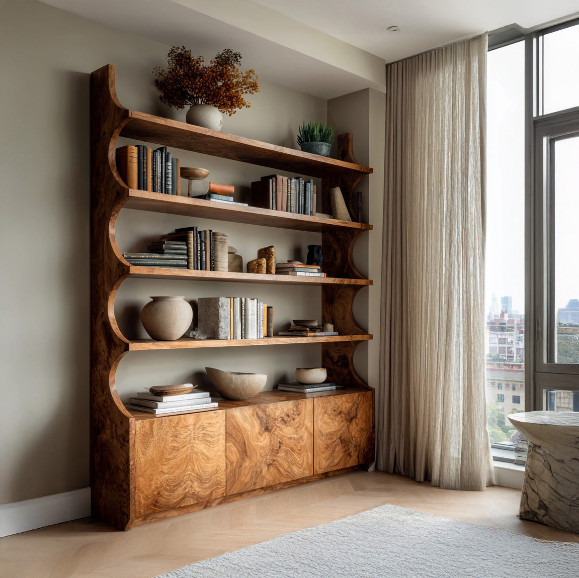 Organic Wooden Bookshelf With Curved Edges For Living Storage Lynnsnail