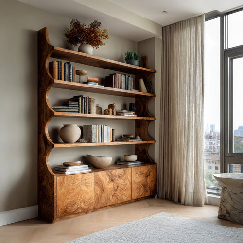 Organic Wooden Bookshelf With Curved Edges For Living Storage Lynnsnail