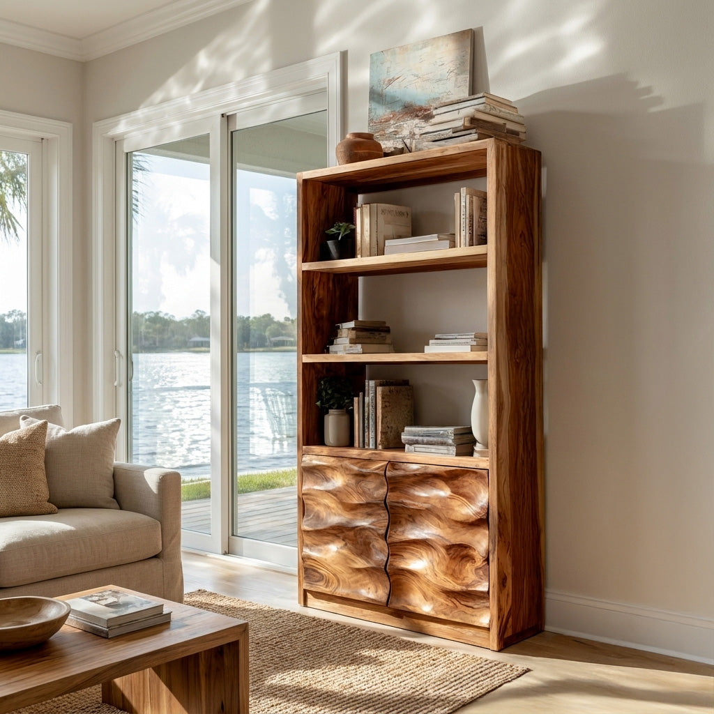 Minimal Wooden Bookshelf With Wavy Drawer Front For Home Lynnsnail