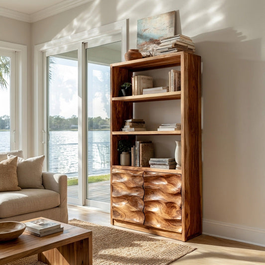 Minimal Wooden Bookshelf With Wavy Drawer Front For Home Lynnsnail