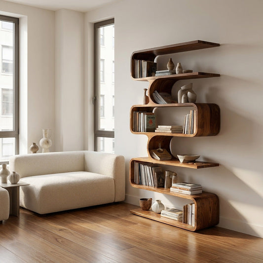 Handcrafted Wooden Bookshelf With Sculpture Edges For Living Room Lynnsnail