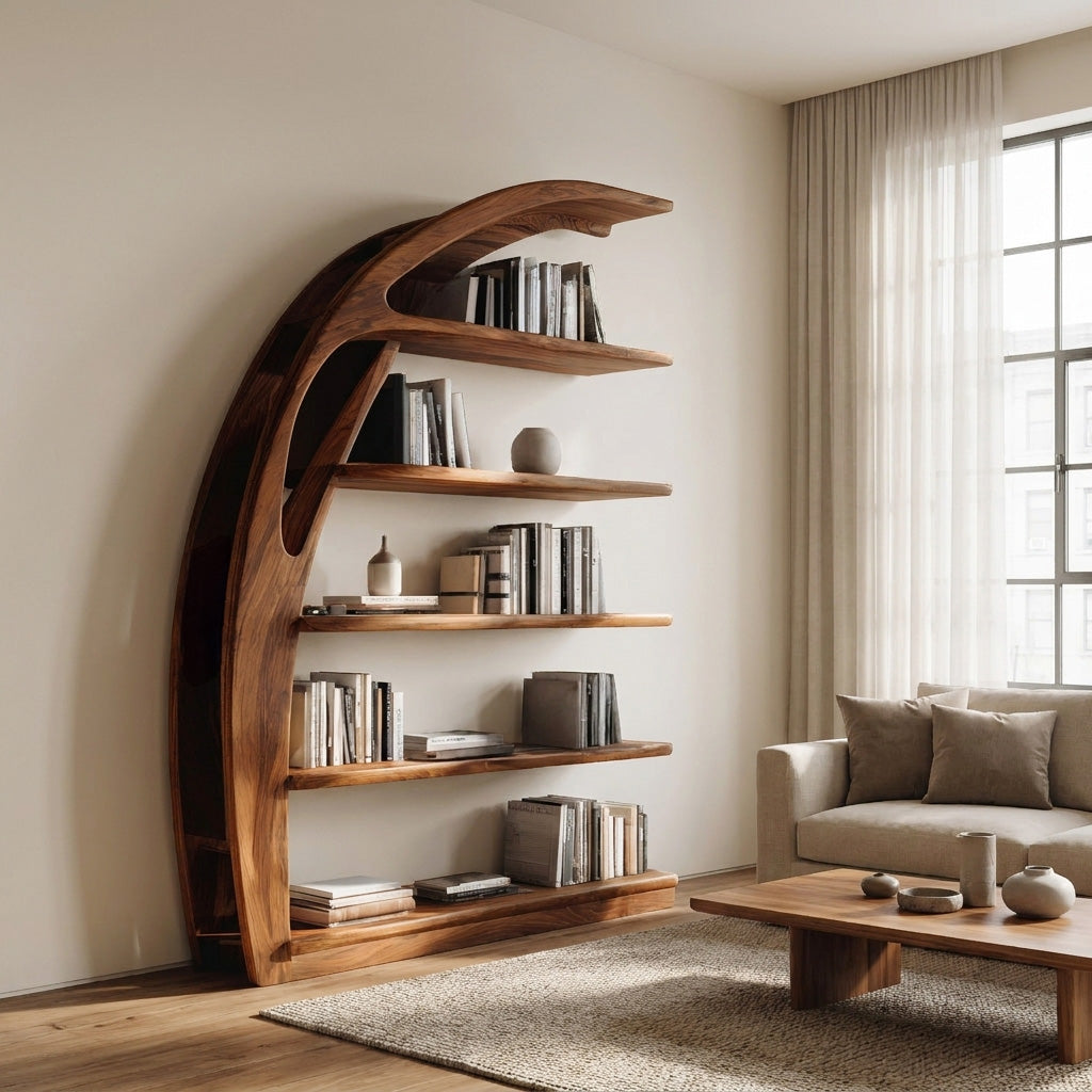 Minimal Curved Wooden Bookshelf For Living Room Display Lynnsnail