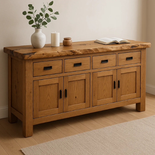 Handcrafted Solid Wood Live Edge Console Table – Natural Oak with Drawers and Cabinets