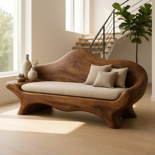 Handcrafted Solid Wood Sofa – Sculptural Organic Wood Couch with Linen Cushion