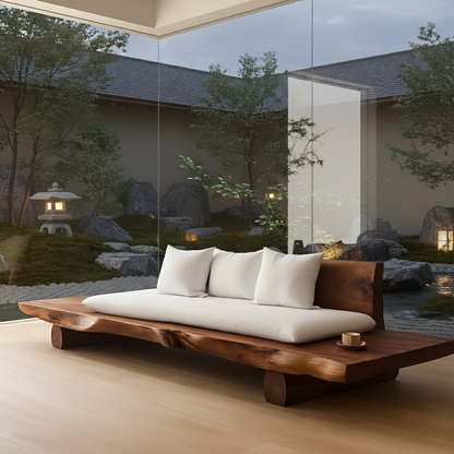 Handcrafted Solid Wood Sofa – Low Live Edge Wood Couch with Minimalist Zen Design