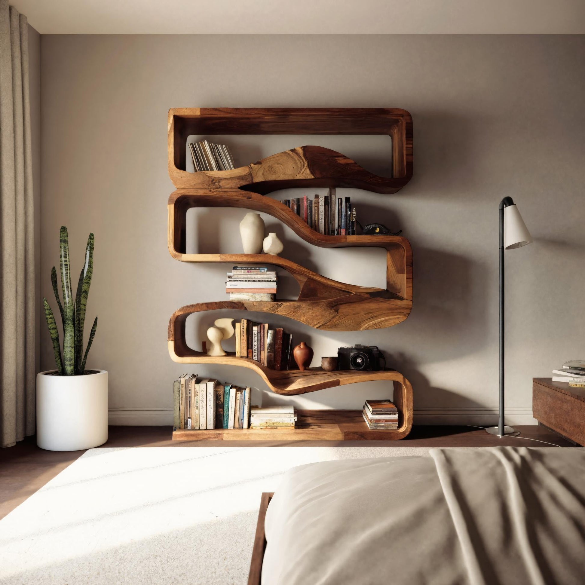 Modern Curved Bookshelf With Flowing Design For Bedroom Lynnsnail
