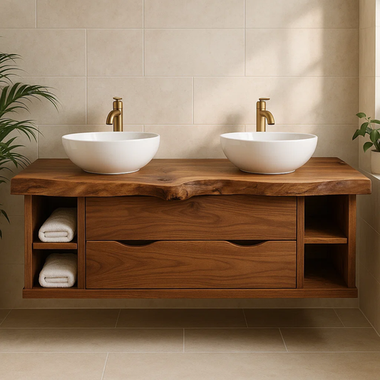 Handcrafted Solid Wood Live-Edge Double Vanity - Rustic Floating Console with Storage Lynnsnail