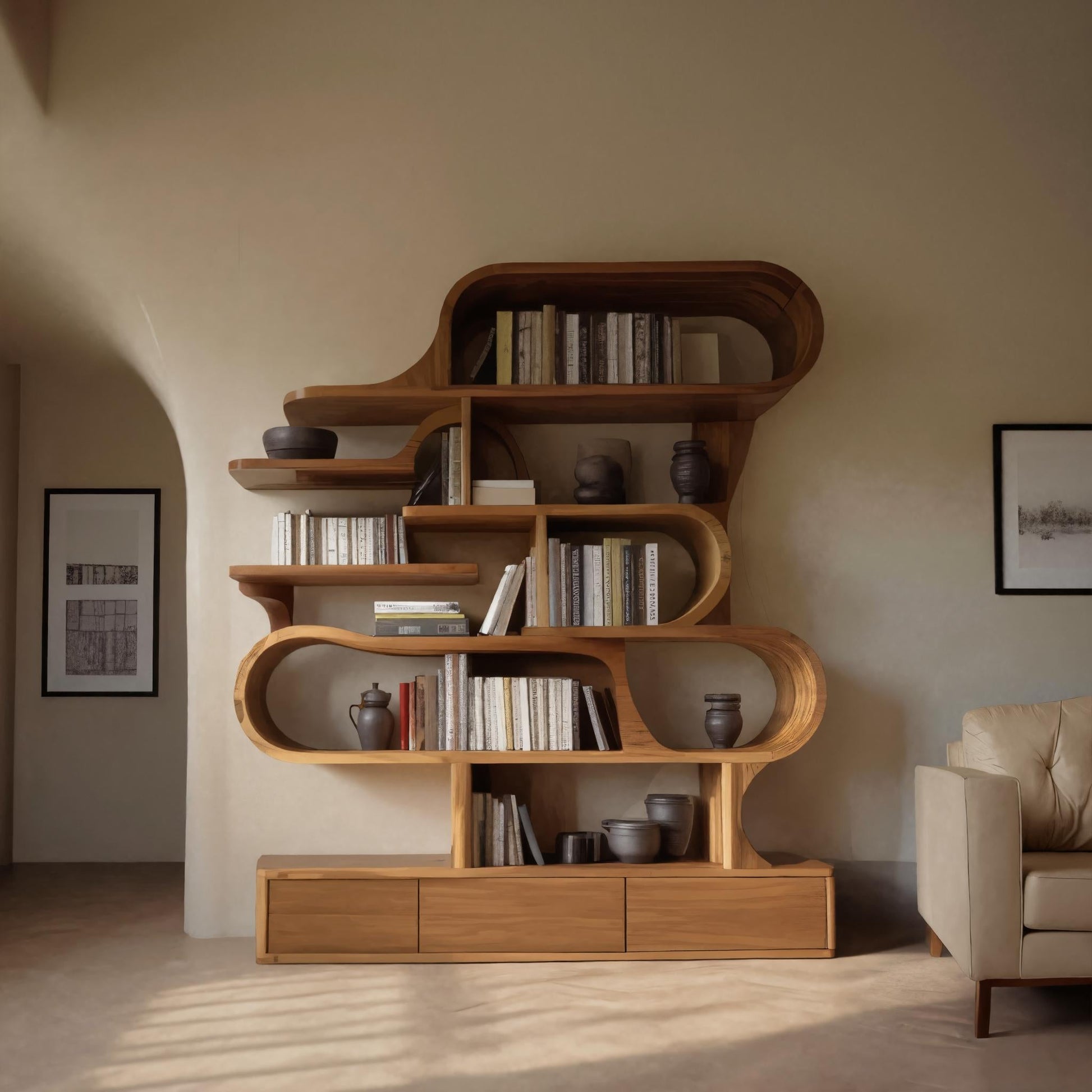 Modern Sculptural Bookshelf With Curved Design For Living Room Or Office Lynnsnail