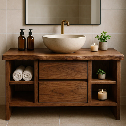 Handcrafted Solid Wood Single Vanity - Rustic Walnut Live Edge Bathroom Console Lynnsnail