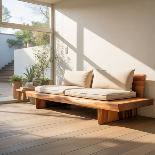 Handcrafted Solid Wood Sofa – Low Minimalist Design with Natural Live Edge and Linen Cushions