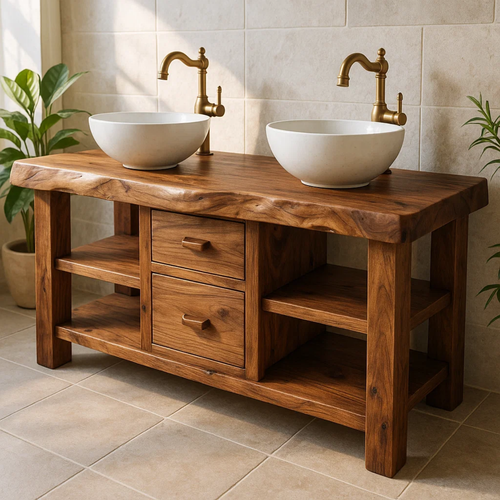 Handcrafted Solid Wood Floating Double Vanity - Live Edge Top, 2 Drawers & Open Shelves Lynnsnail