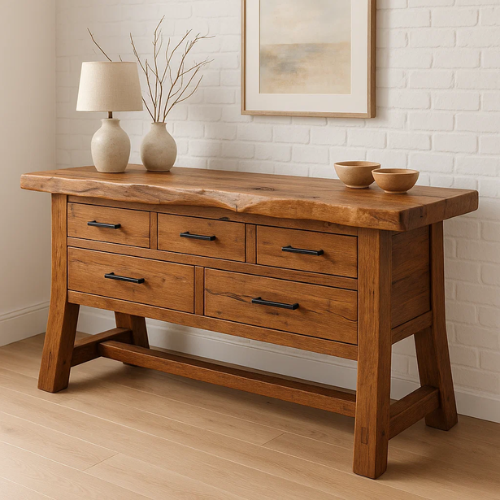 Handcrafted Solid Wood Rustic Console Table with Live Edge Top and Five Drawers Lynnsnail