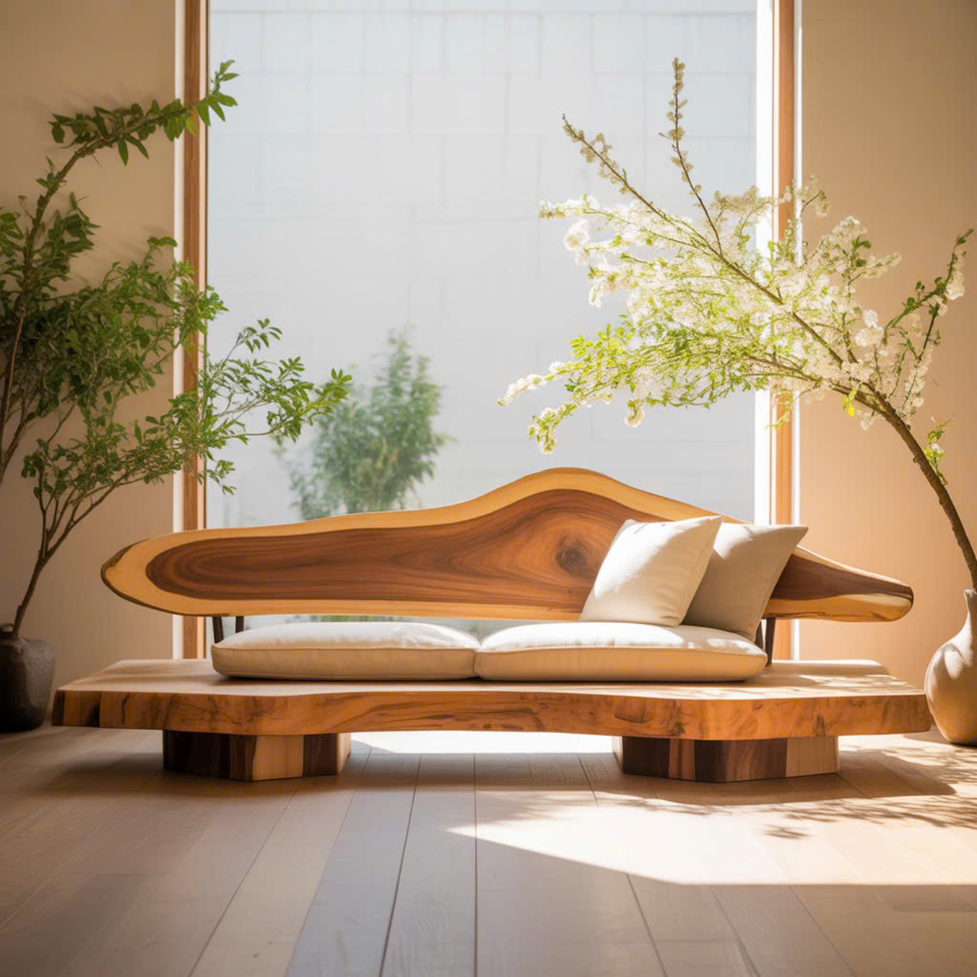 Handcrafted Solid Wood Sofa – Sculptural Live Edge Couch with Organic Form and Linen Cushions Lynnsnail