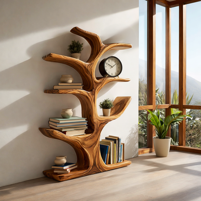 Modern Wood Bookshelf Sculptural Curved Design For Living Room Lynnsnail