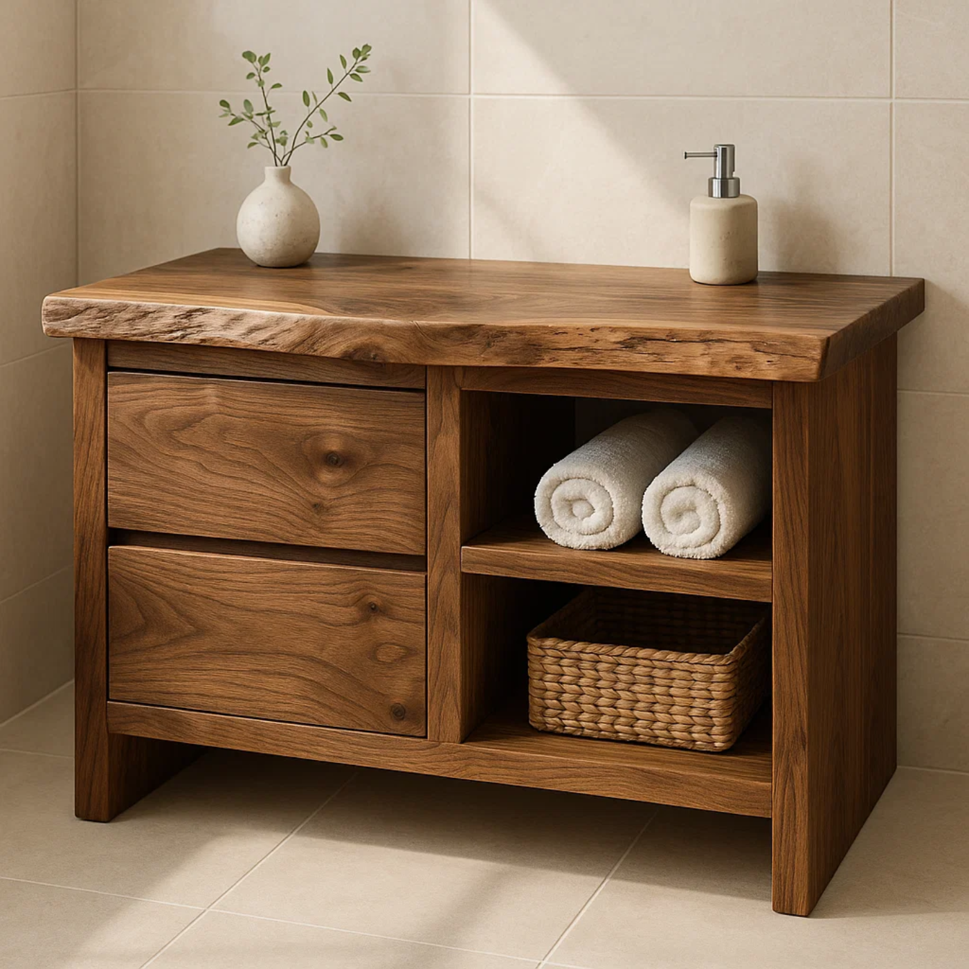 Handcrafted Solid Wood Bathroom Vanity - Rustic Drawers & Open Shelf Lynnsnail