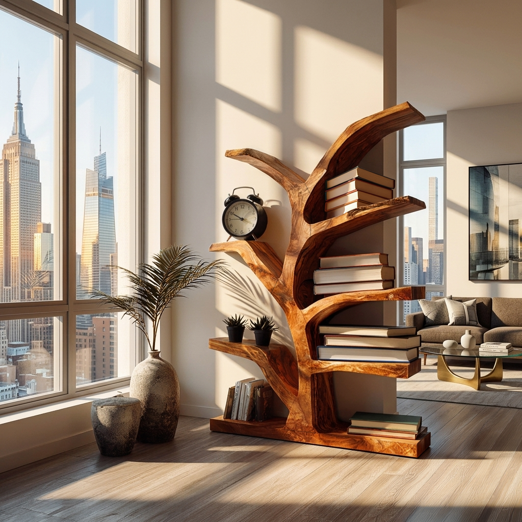 Wooden Bookshelf With Organic Form For Living Area Lynnsnail