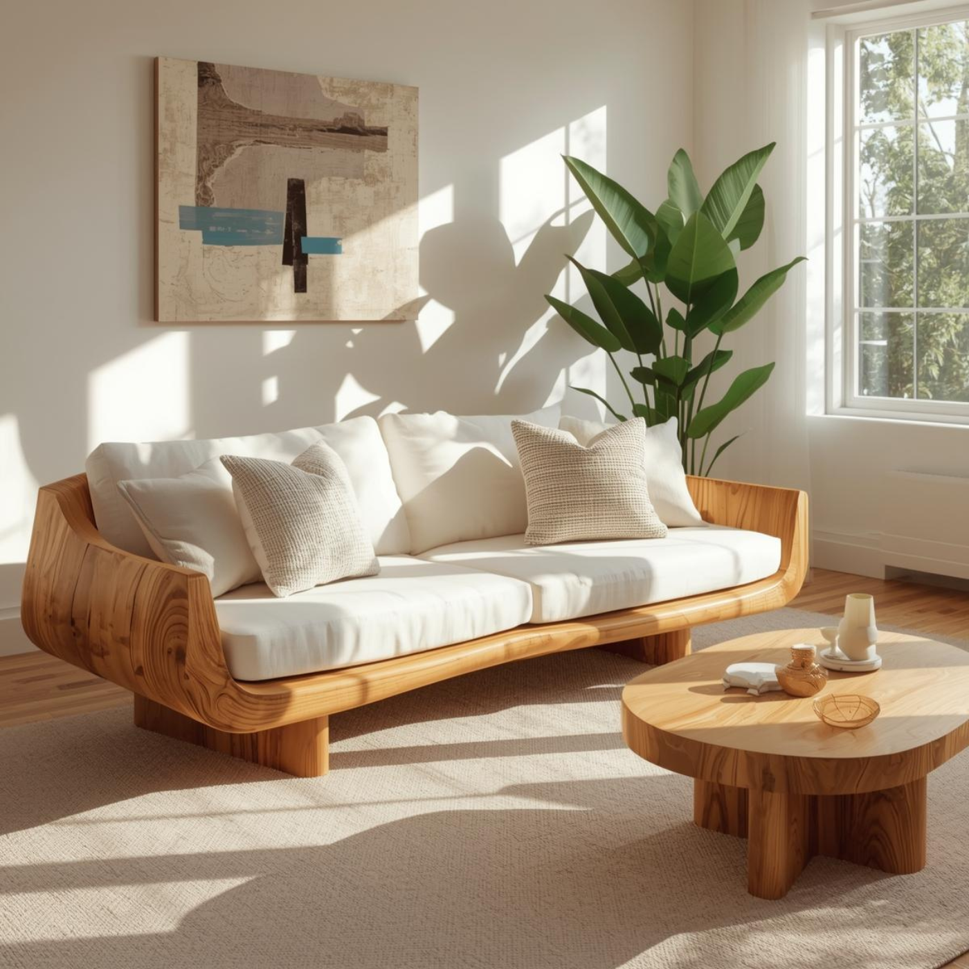 Handcrafted Solid Wood Sofa – Modern Curved Frame with Linen Cushions and Natural Finish Lynnsnail