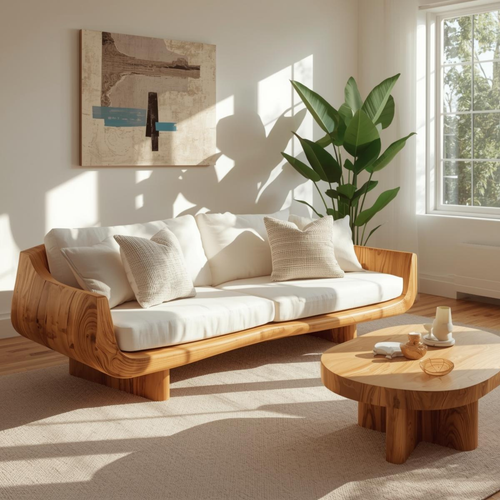 Handcrafted Solid Wood Sofa – Modern Curved Frame with Linen Cushions and Natural Finish Lynnsnail