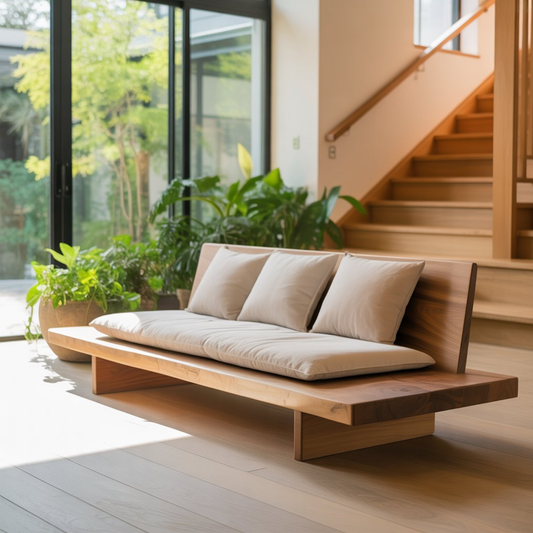 Handcrafted Solid Wood Sofa – Low Japanese Style Couch with Minimalist Design and Linen Cushions Lynnsnail