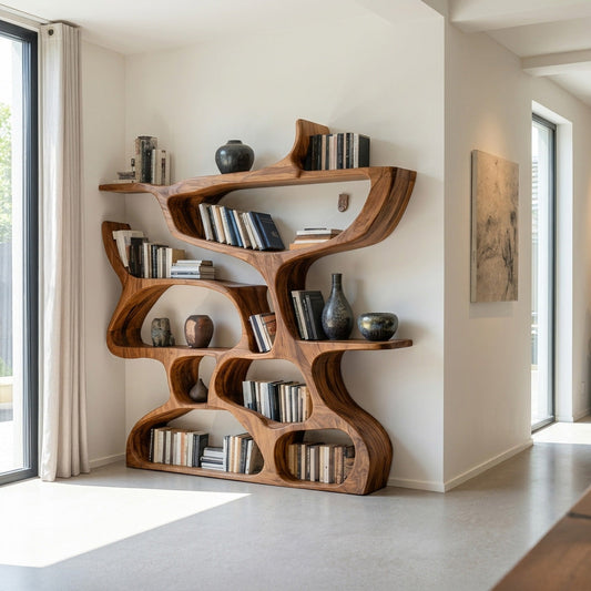 Modern Bookshelf With Organic Carved Design For Living Room Or Office Lynnsnail