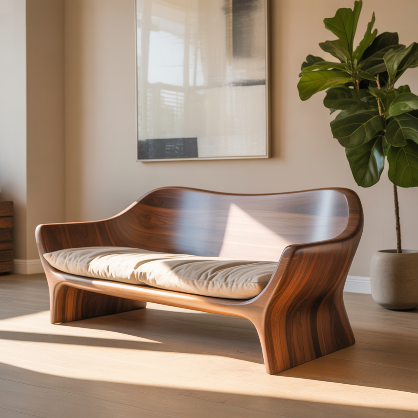 Handcrafted Solid Walnut Sofa – Sculptural Organic Wood Couch with Smooth Curves and Cushion Seat Lynnsnail