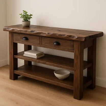 Handcrafted Solid Wood Live Edge Console Table – Walnut Finish with Drawers and Open Shelves Lynnsnail