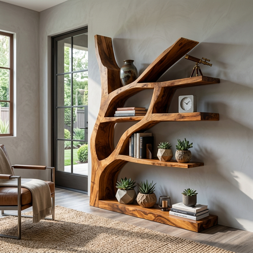 Contemporary Wooden Bookshelf Sculptural Shape For Living Room Lynnsnail