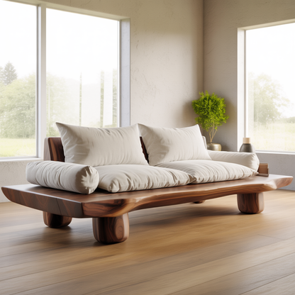 Handcrafted Solid Walnut Sofa – Low Organic Wood Couch with Linen Cushions and Rounded Legs Lynnsnail