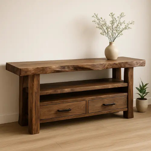 Handcrafted Solid Wood Live Edge Console Table – Rustic Walnut Design with Drawers and Open Shelf Lynnsnail