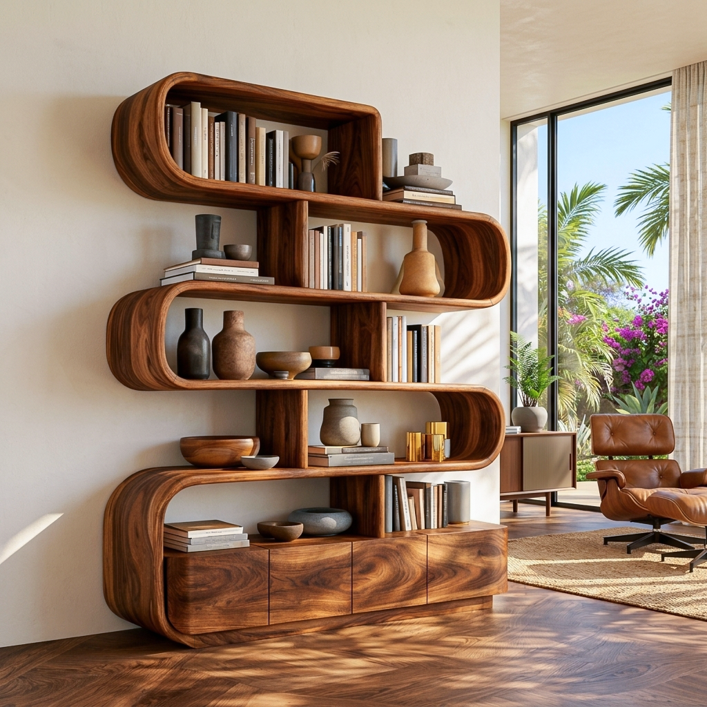 Organic Wooden Bookshelf With Flowing Form For Home Interior Lynnsnail