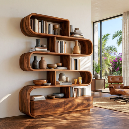 Organic Wooden Bookshelf With Flowing Form For Home Interior Lynnsnail