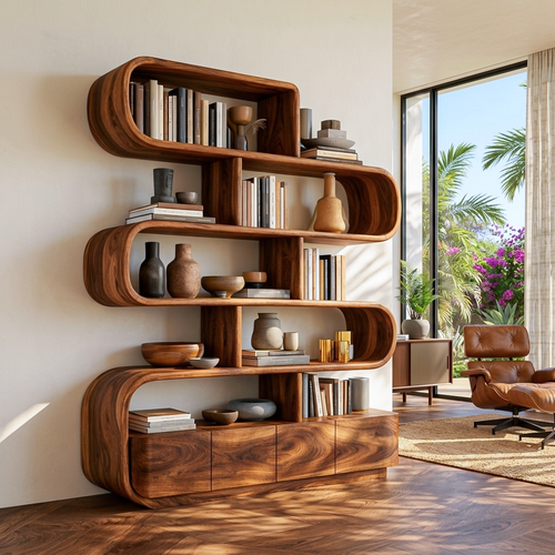 Organic Wooden Bookshelf With Flowing Form For Home Interior Lynnsnail