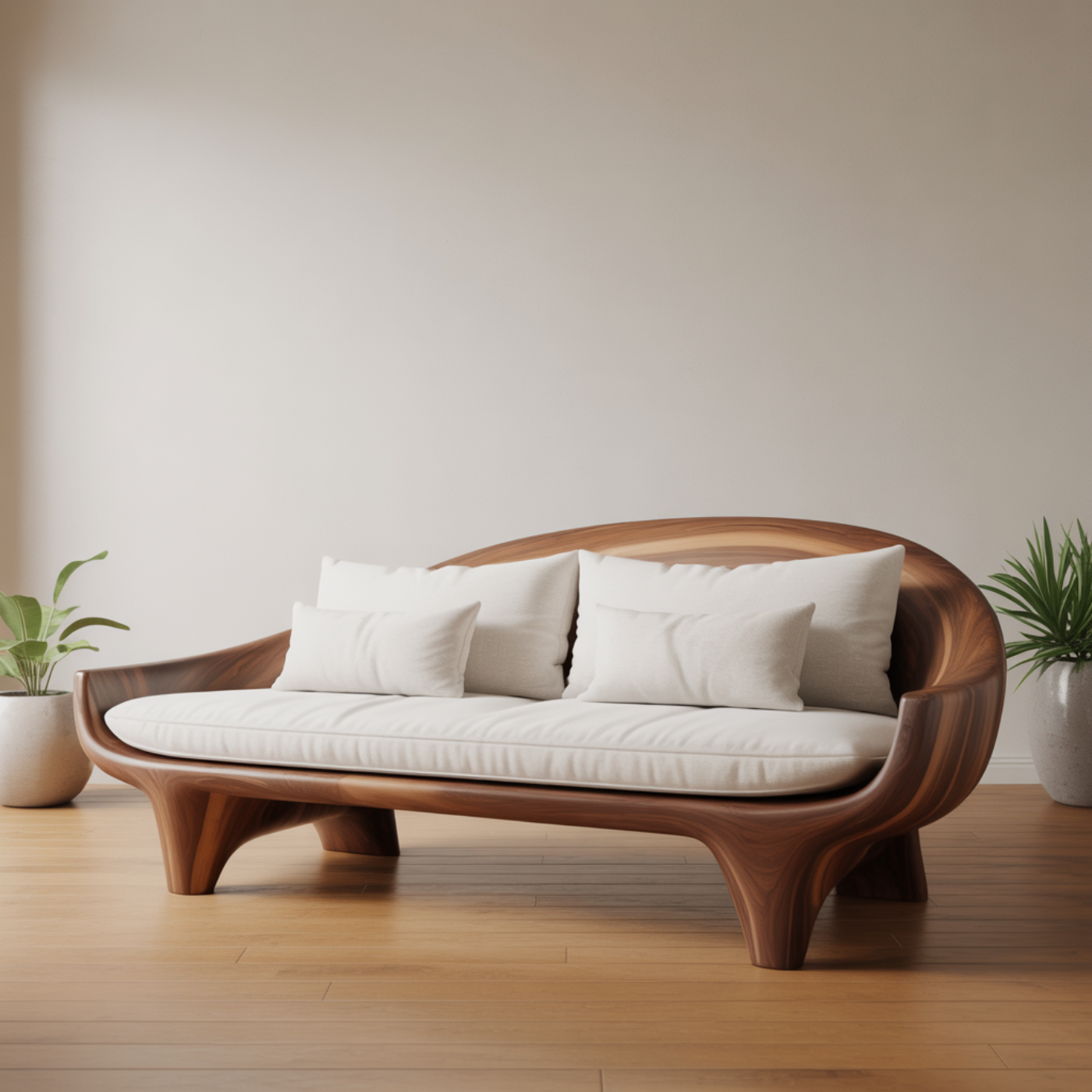 Handcrafted Solid Wood Sofa – Modern Organic Wood Couch with Smooth Curves and Linen Cushions