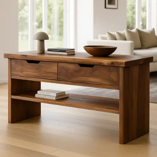 Handcrafted Solid Wood Console Table – Walnut Finish with Drawers and Open Shelf Lynnsnail