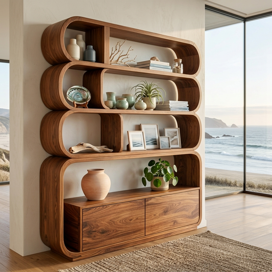 Modern Natural Wood Bookshelf With Curved Structure For Living Room Lynnsnail