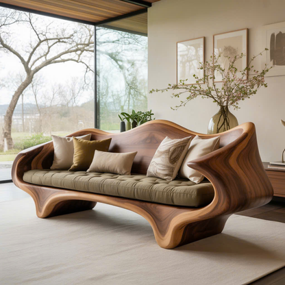 Handcrafted Solid Wood Sofa – Sculptural Organic Wood Couch with Artistic Curves and Cushion Seat Lynnsnail