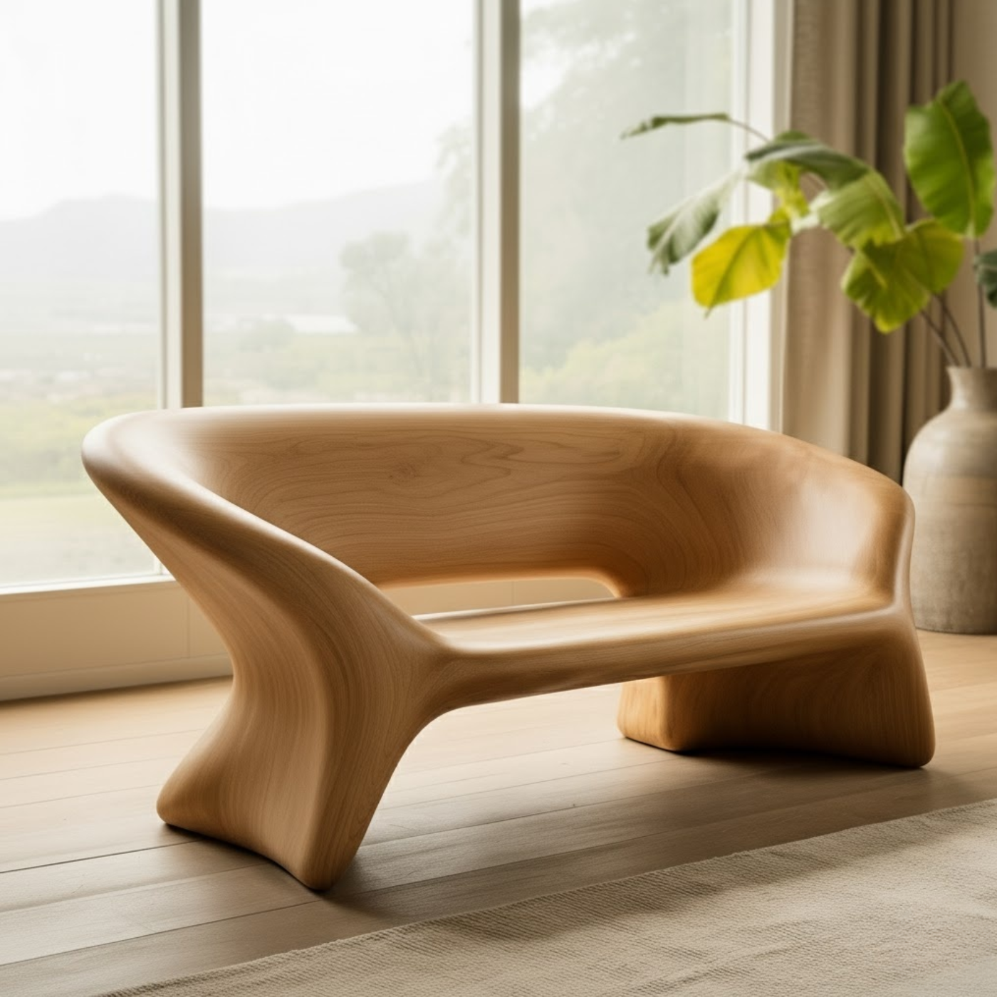 Handcrafted Solid Wood Sofa – Sculptural Organic Bench-Style Couch with Smooth Minimalist Design Lynnsnail