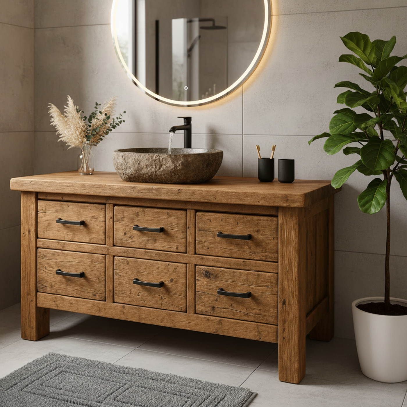 Handcrafted Soild Wood Bathroom Vanity - Farmhouse Storage Cabinet with 6 Drawers Lynnsnail