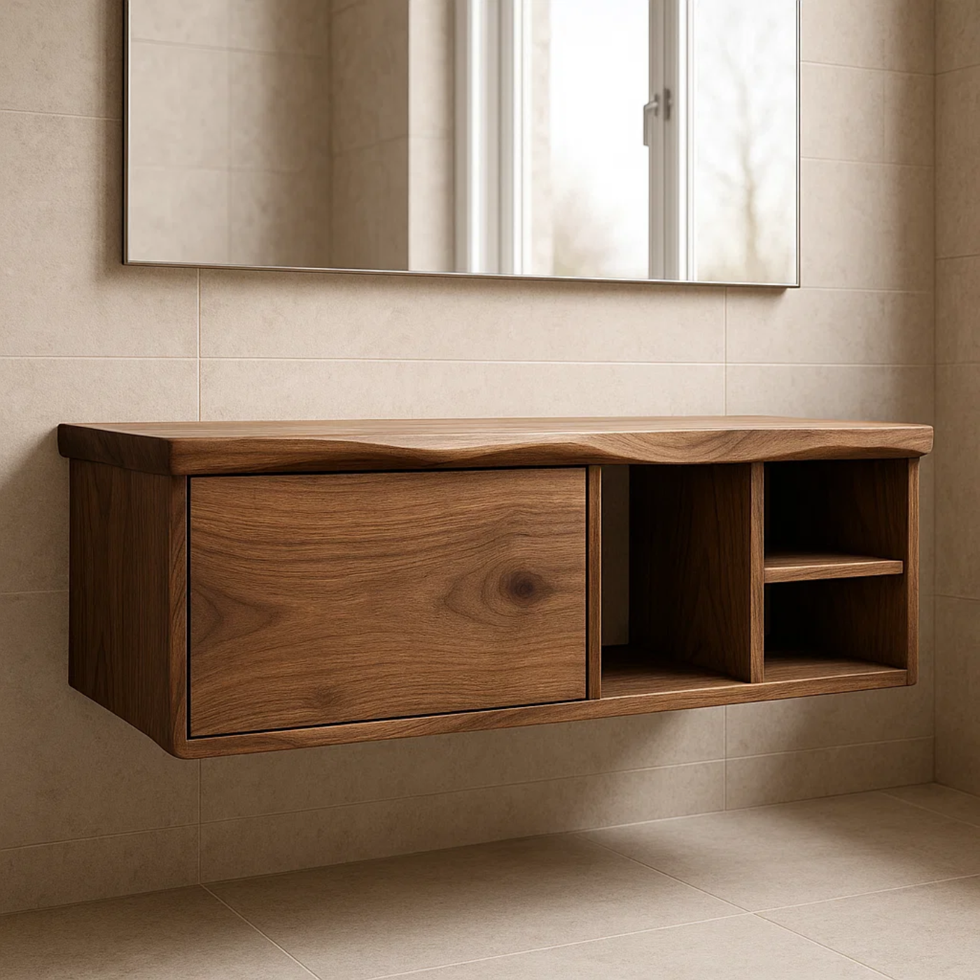 Handcrafted Solid Wood Floating Vanity - Asymmetrical Walnut Console with Hidden & Open Storage Lynnsnail