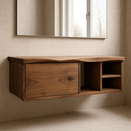 Handcrafted Solid Wood Floating Vanity - Asymmetrical Walnut Console with Hidden & Open Storage Lynnsnail