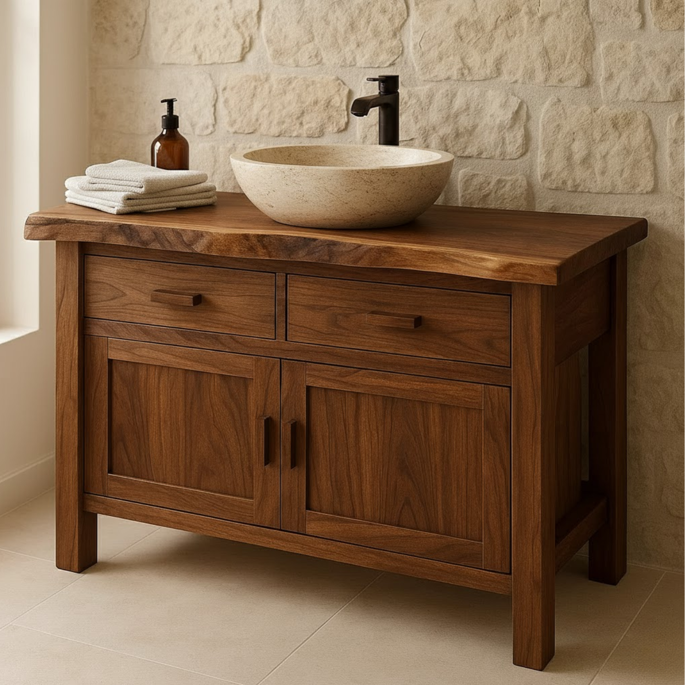 Handcrafted Solid Wood Bathroom Vanity - Live Edge Top Cabinet with Drawers & Doors Lynnsnail