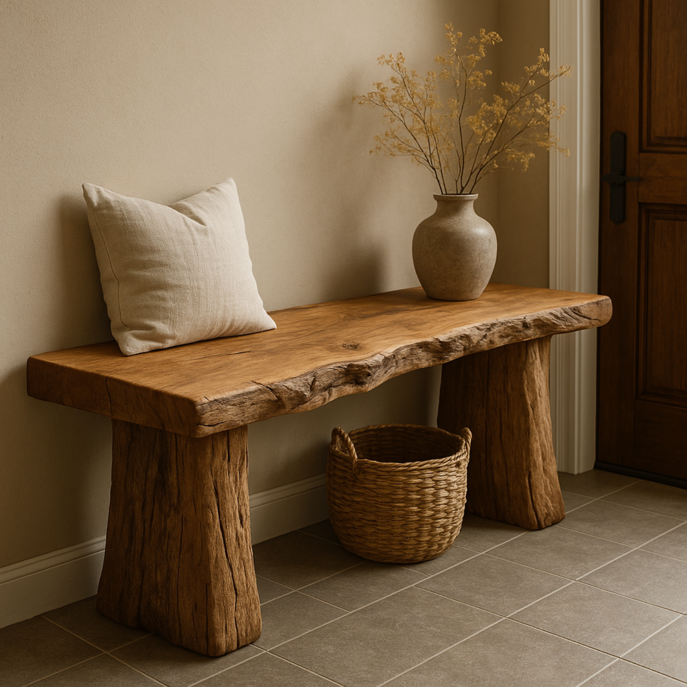 Handcrafted Solid Wood Rustic Bench – Natural Live-Edge Slab Entryway Seating Lynnsnail