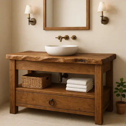 Handcrafted Solid Wood Bathroom Vanity – Live Edge Countertop with Drawer and Shelf – Rustic Organic Farmhouse Sink Console Lynnsnail