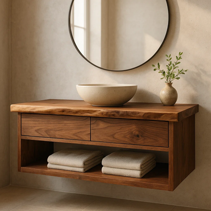 Handcrafted Solid Wood Floating Vanity - Live Edge Walnut with 2 Drawers & Open Shelf Lynnsnail