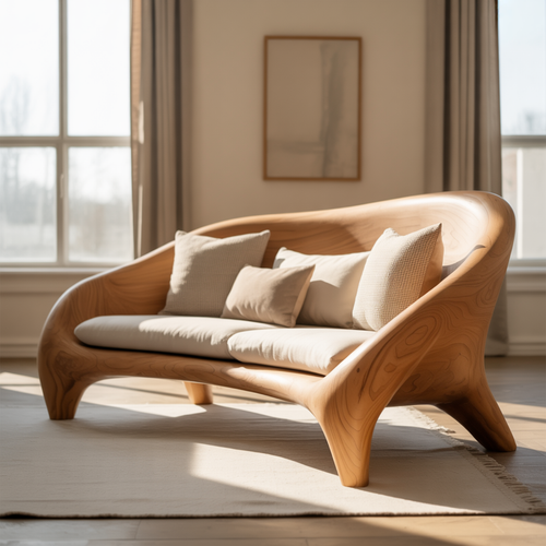 Handcrafted Solid Wood Sofa – Modern Organic Curved Couch with Smooth Sculptural Frame and Linen Cushions Lynnsnail
