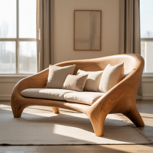 Handcrafted Solid Wood Sofa – Modern Organic Curved Couch with Smooth Sculptural Frame and Linen Cushions Lynnsnail